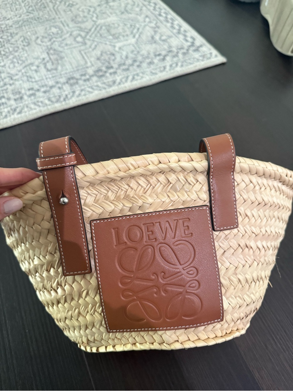 Loewe Natural Straw Tote with Tan Leather Trim and Logo Patch